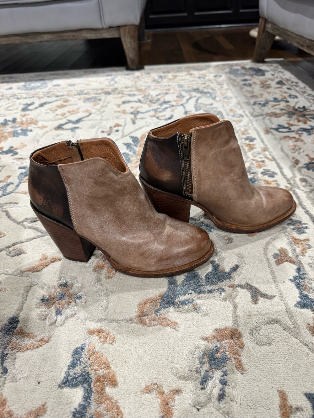 Freebird by Steven Two-Tone Taupe and Dark Brown Leather Ankle Booties